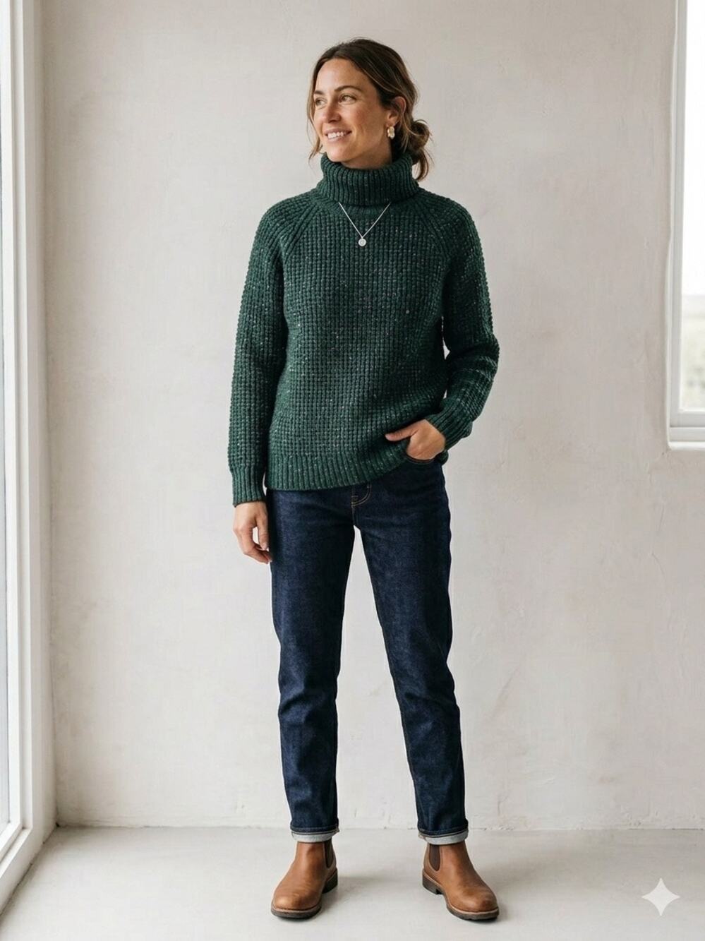 Finisterre Women's Chunky Fisherman Knit Turtleneck Sweater Charcoal Gray US 8